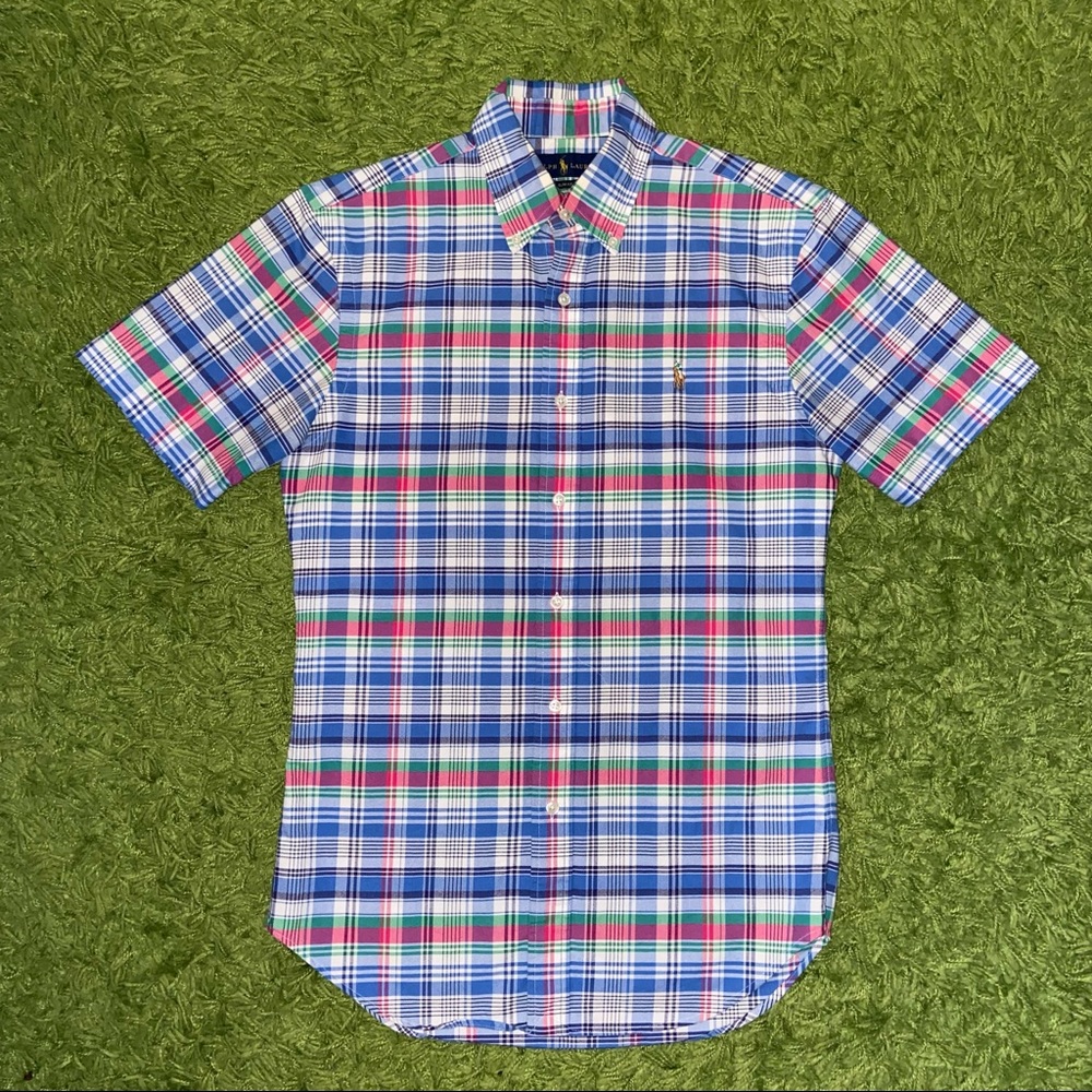 🏇🏻 Ralph Lauren Plaid Short Sleeve Slim Fit Shirt! RL Polo! Size Small